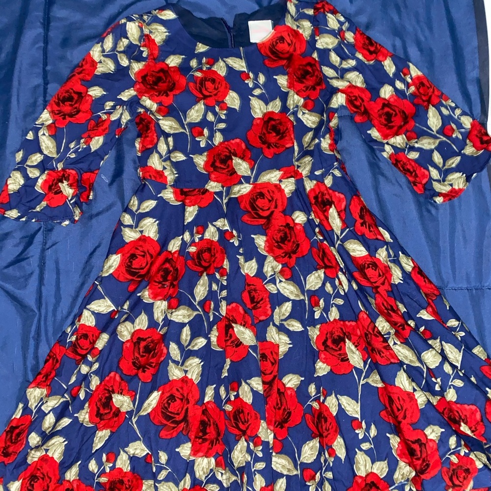 Girls 7/8 Blue Dress with Red Roses